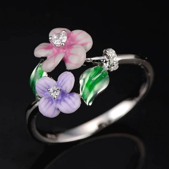 Sterling silver 925 stamped enamel pink & lavender flower ring size 6. - Picture 4 of 5